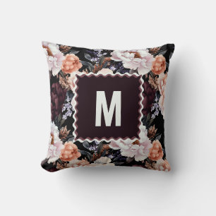 Dark Peonies Floral Pattern Monogramm Kissen
