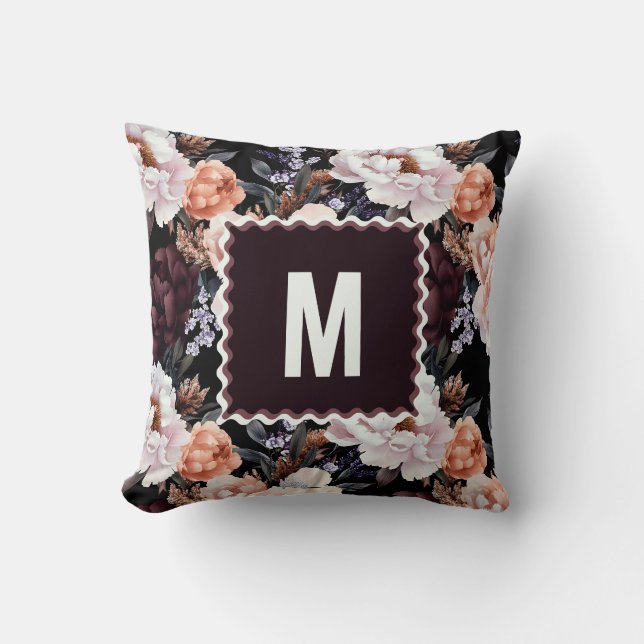 Dark Peonies Floral Pattern | Monogramm Kissen (Vorderseite)