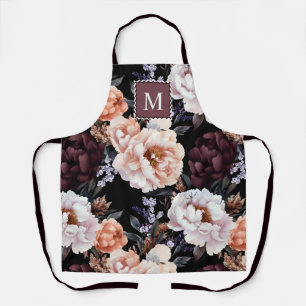 Dark Peonies Floral Pattern Monogramm Schürze