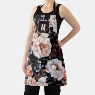 Dark Peonies Floral Pattern Monogramm Schürze