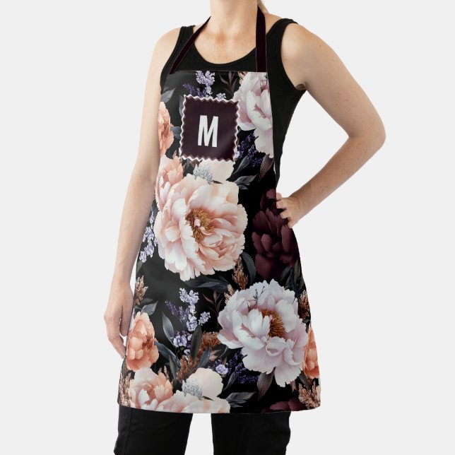 Dark Peonies Floral Pattern | Monogramm Schürze (InSitu)