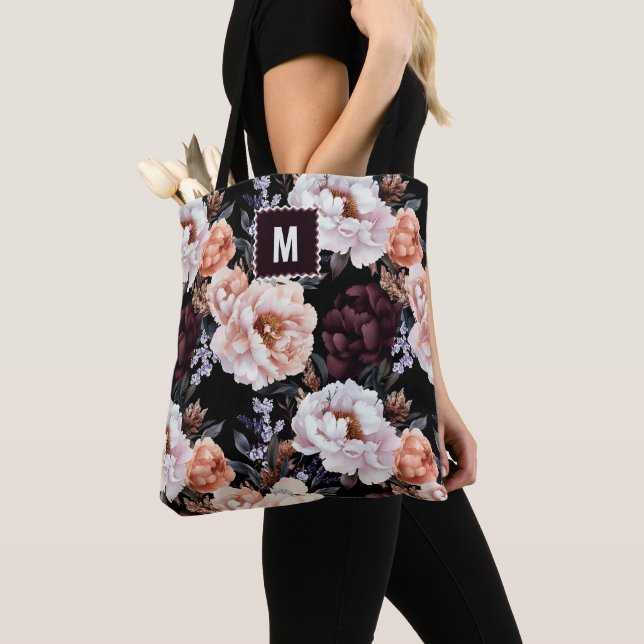 Dark Peonies Floral Pattern | Monogramm Tasche (Von Nahem)