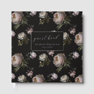 Dark Peony Flowers Foil Baby Shower Guestbook Gästebuch