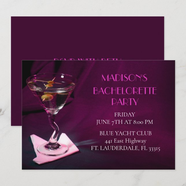 Dark Pink Bachelorette Martini Brautparty Einladung (Vorne/Hinten)