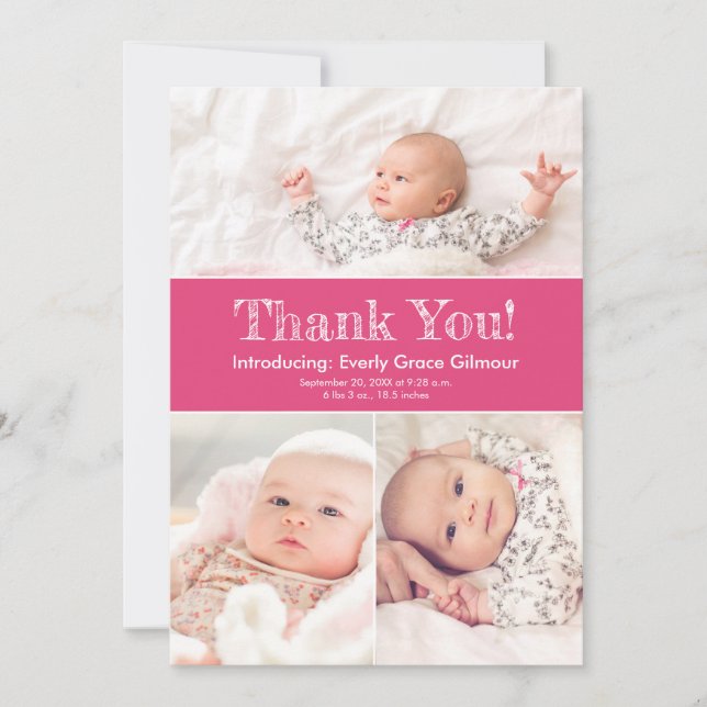 Dark Pink Three Fotos Baby Girl Dusche Dankeskarte (Vorderseite)