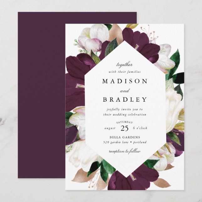 Dark Plum Floral Geometric Frame | Hochzeit Einladung (Vorne/Hinten)