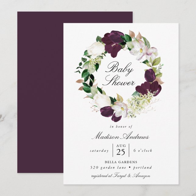 Dark Plum Floral Wreath | Babydusche Einladung (Vorne/Hinten)