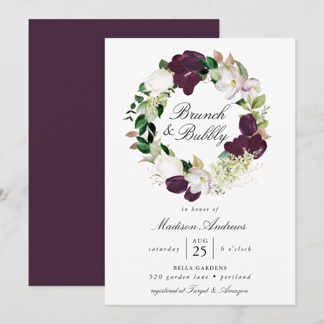 Dark Plum Floral Wreath | Brunch und Bubbly Einladung (Vorne/Hinten)