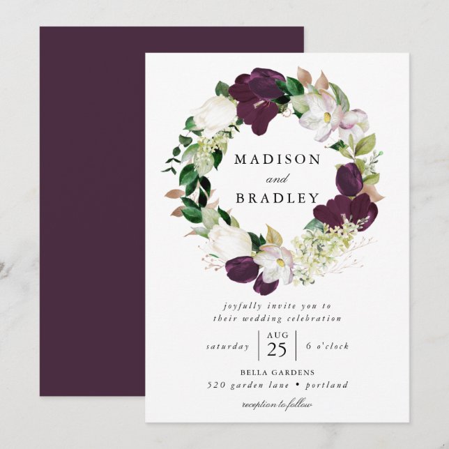 Dark Plum Floral Wreath | Hochzeit Einladung (Vorne/Hinten)