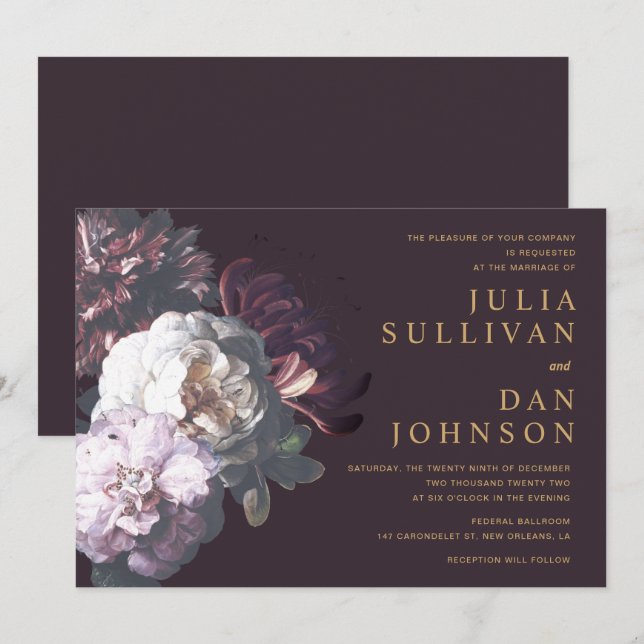 Dark Plum Lila Moody Floral Wedding Einladung (Vorne/Hinten)