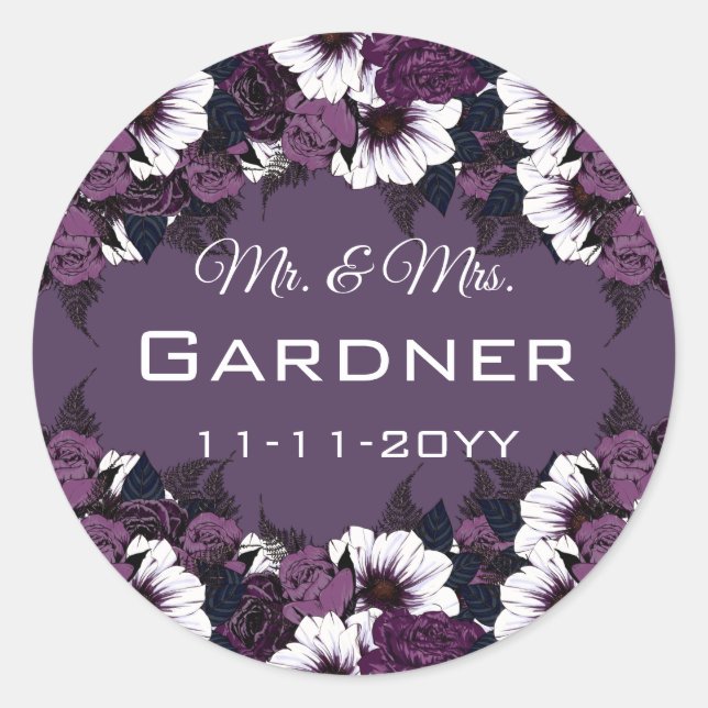 Dark Plum Lila romantische Blumenhochzeit Runder Aufkleber (Vorderseite)