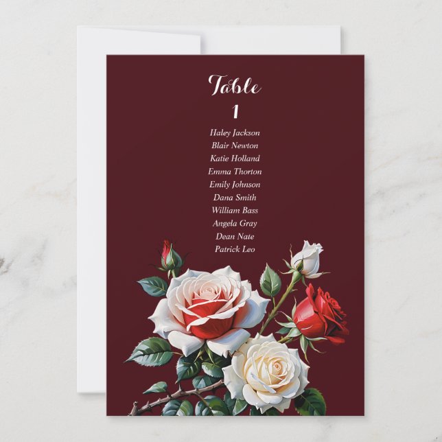 Dark Pretty pink white red rose seating chart card Einladung (Vorderseite)