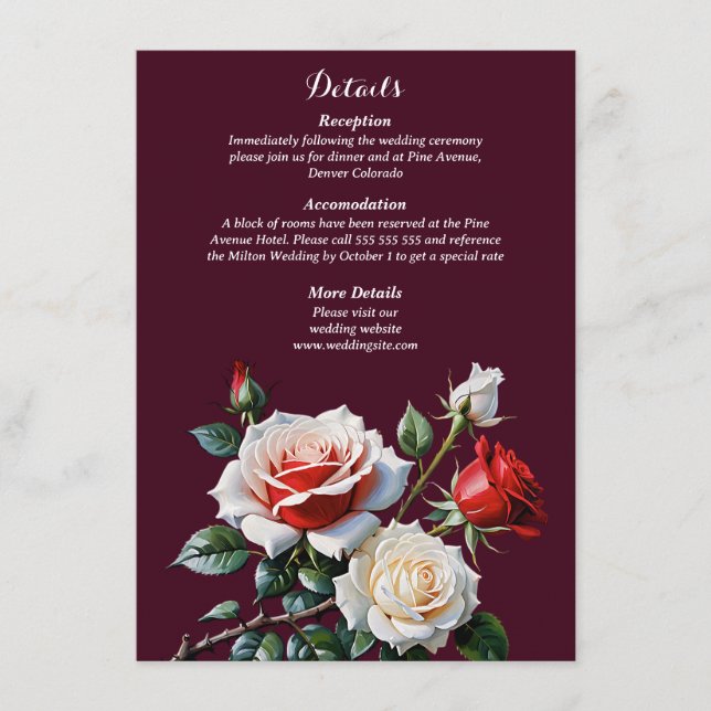 Dark Pretty pink white red roses floral wedding Begleitkarte (Vorderseite)