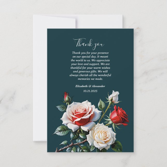 Dark Pretty pink white red roses floral wedding  Dankeskarte (Vorderseite)