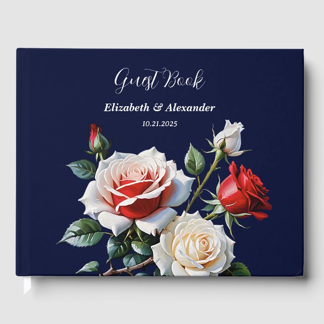 Dark Pretty pink white red roses floral wedding  Gästebuch (Vorderseite)