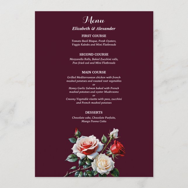 Dark Pretty pink white red roses floral wedding  Menükarte (Vorderseite)