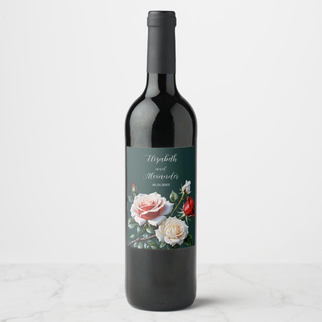 Dark Pretty pink white red roses floral wedding  Weinetikett (Vorderseite)