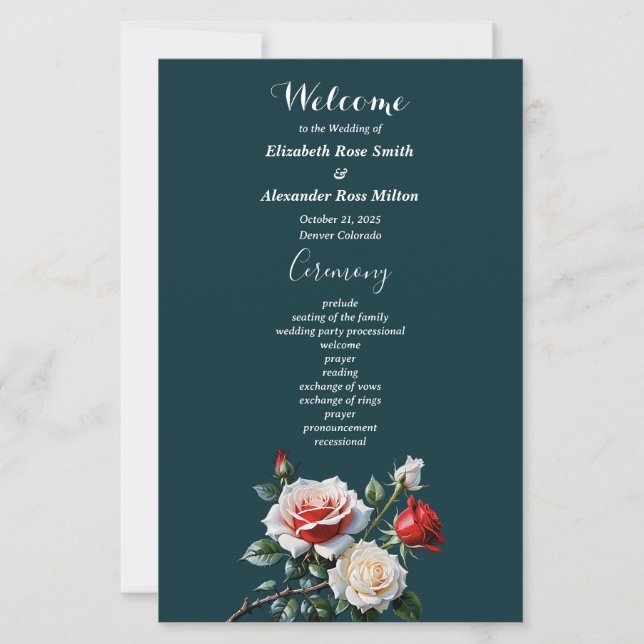 Dark Pretty pink white red roses wedding program (Vorderseite)
