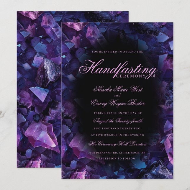 Dark Purple Boho Witch Crystals Black Handfasting Einladung (Vorne/Hinten)