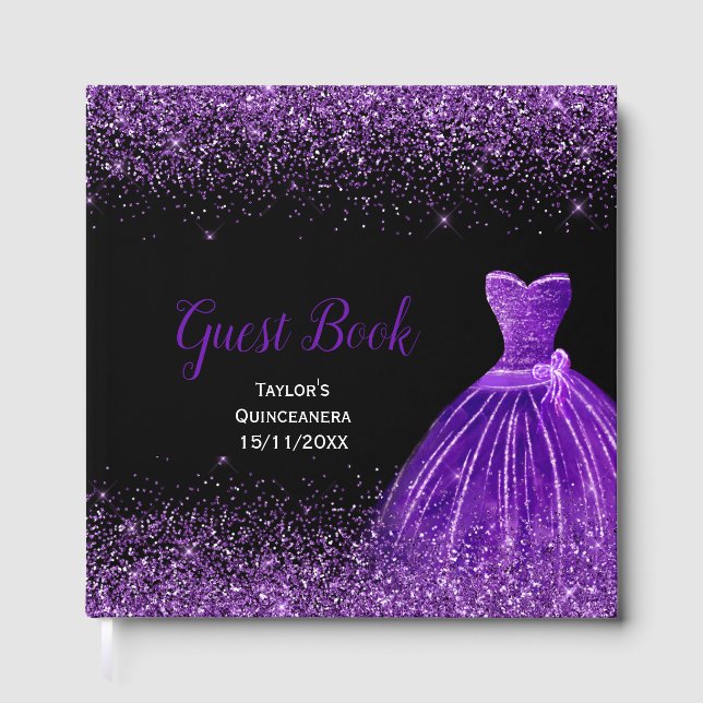 Dark Purple Dress Faux Glitter Quinceanera Gästebuch (Vorderseite)