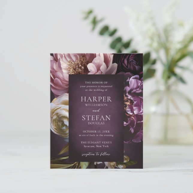 Dark Purple Fine Art Floral Budget Wedding Invite (Stehend Vorderseite)