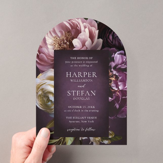 Dark Purple Fine Art Floral Elegant Wedding Acryleinladungen (Insitu (Handheld))