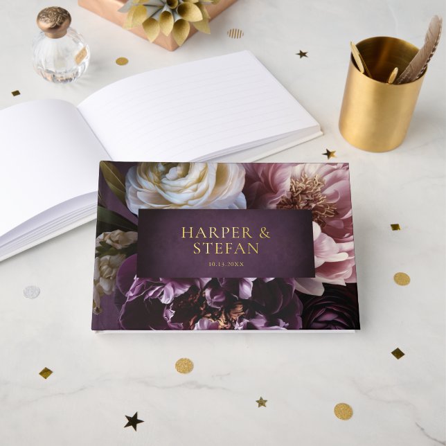 Dark Purple Fine Art Floral Elegant Wedding Gästebuch (Vorderseite Offen)