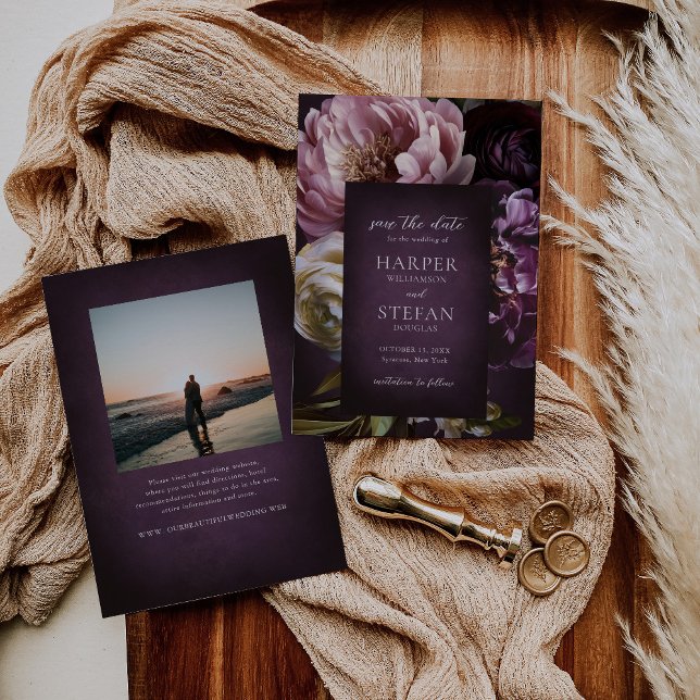 Dark Purple Fine Art Floral Elegant Wedding Save The Date (Von Creator hochgeladen)