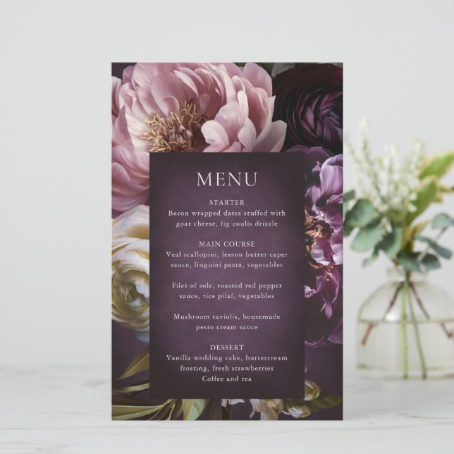 Dark Purple Fine Art Floral Wedding Menu (Stehend Vorderseite)
