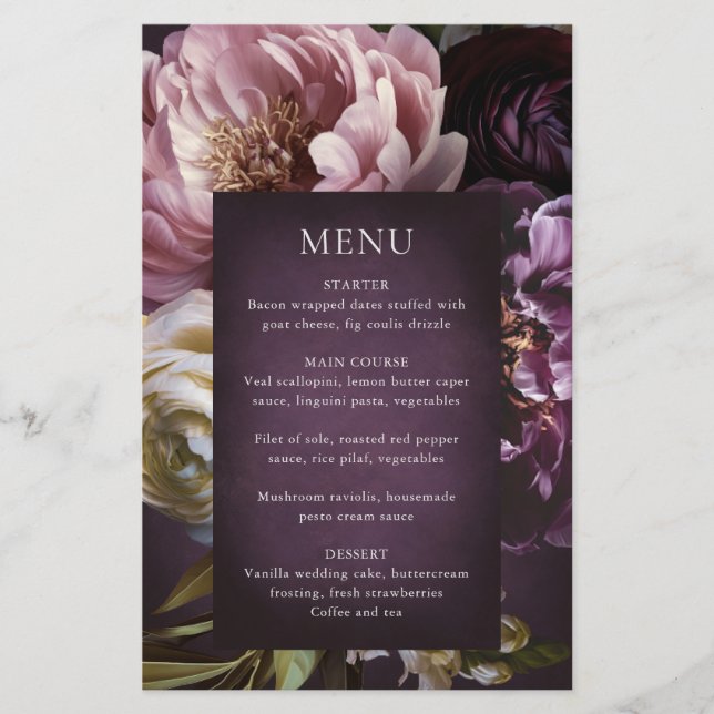 Dark Purple Fine Art Floral Wedding Menu Flyer (Vorne)
