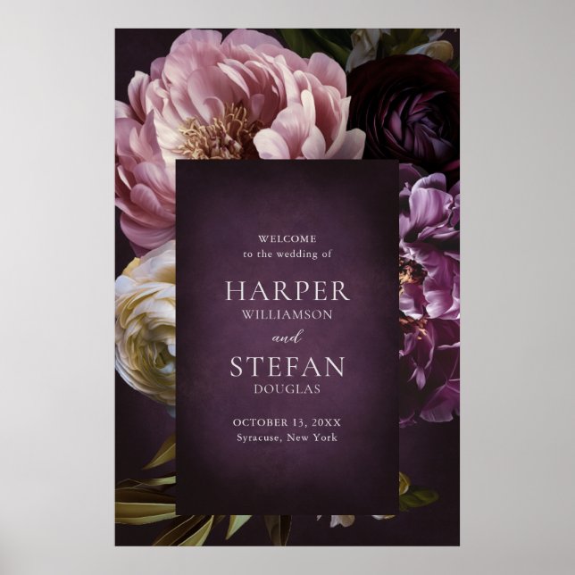 Dark Purple Fine Art Floral Wedding Wecome Sign Poster (Vorne)