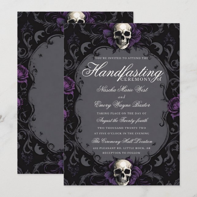 Dark Purple Gothic Boho Floral Skull Handfasting Einladung (Vorne/Hinten)