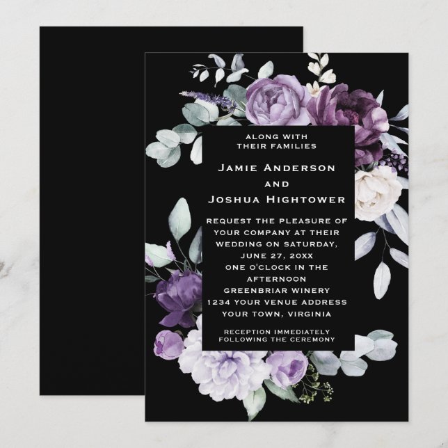 Dark Purple, Lavender, White Floral Black Wedding Einladung (Vorne/Hinten)