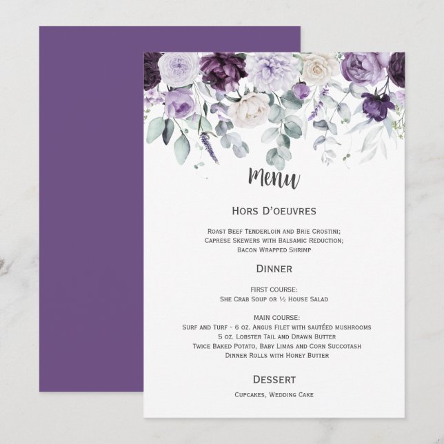 Dark Purple, Lavender, White Wedding Menu Einladung (Vorne/Hinten)