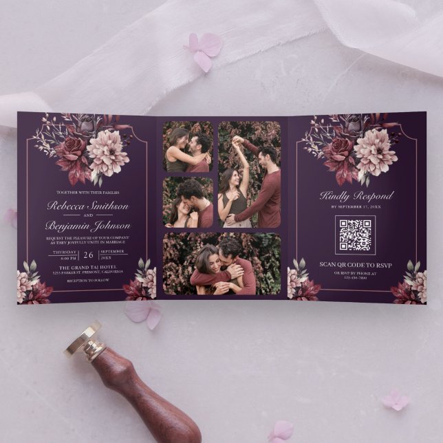 Dark Purple Moody Floral Frame QR Code Wedding Dreifach Gefaltete Einladung (Von Creator hochgeladen)