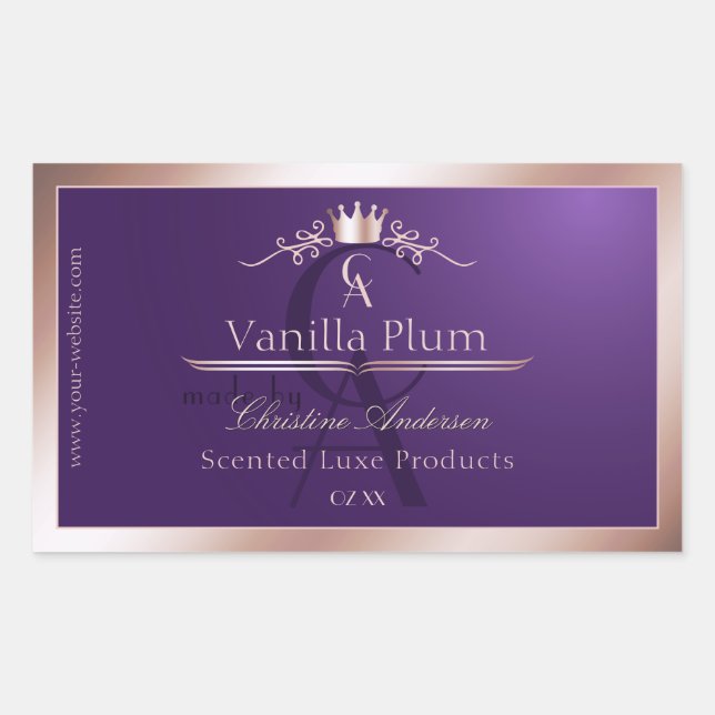 Dark Purple Product Label Rose Gold Frame Monogram Rechteckiger Aufkleber (Vorderseite)