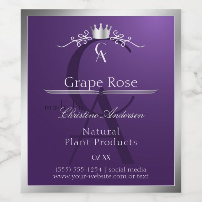 Dark Purple Product Label Silver Frame Monogram Weinetikett (Einzelnes Label)