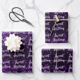 Dark purple sparkles Sweet 16 script pattern Geschenkpapier Set