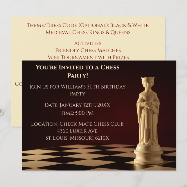 Dark Red 30. Geburtstag Party Schach Königin Einladung (Vorne/Hinten)