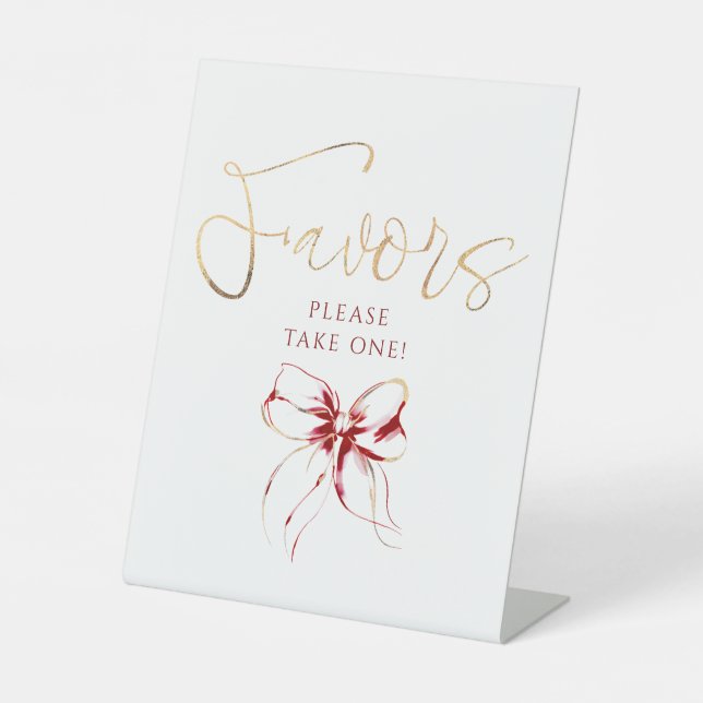 Dark Red and Gold Bow Bridal Shower Favors Sockelschild (Vorderseite)