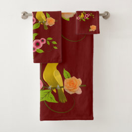 DarK Red - Bird & Yellow Rose Badhandtuch Set