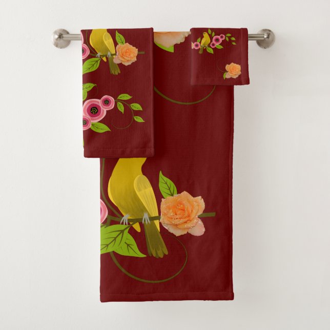 DarK Red - Bird & Yellow Rose Badhandtuch Set (Insitu)