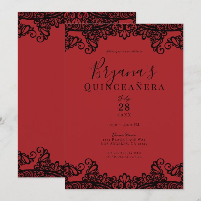 Dark Red & Black Lace Elegante Quinceañera Einladung (Vorne/Hinten)