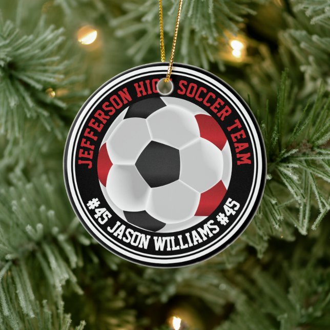 Dark Red, Black & White Soccer ⚽  Keramik Ornament (Baum)