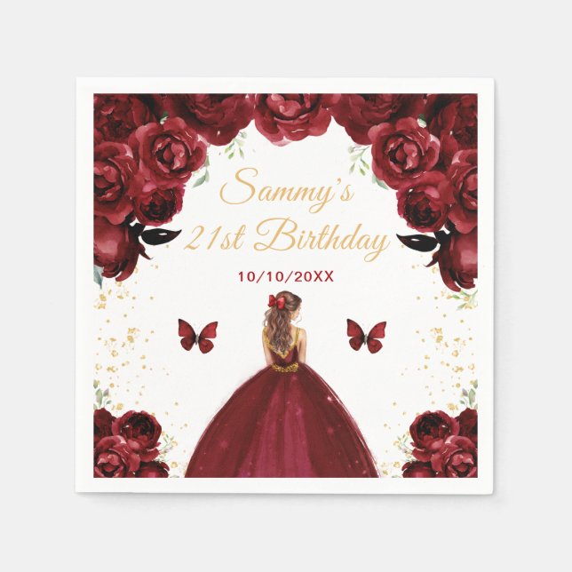 Dark Red Brown Hair Princess Birthday Party Serviette (Vorderseite)