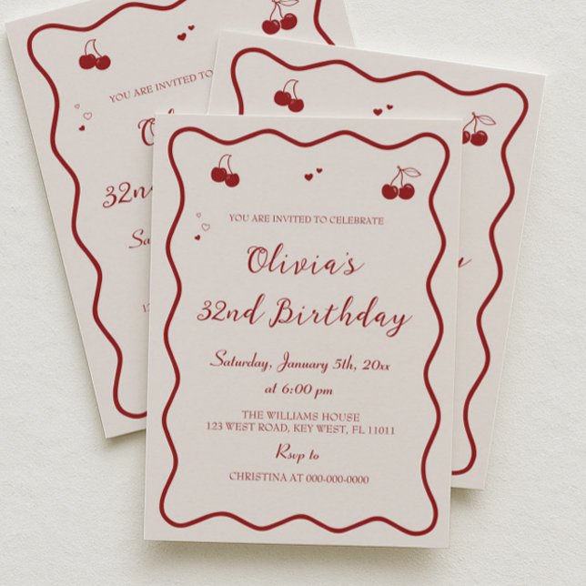 Dark Red Cherry Birthday Party Adult Einladung (Von Creator hochgeladen)