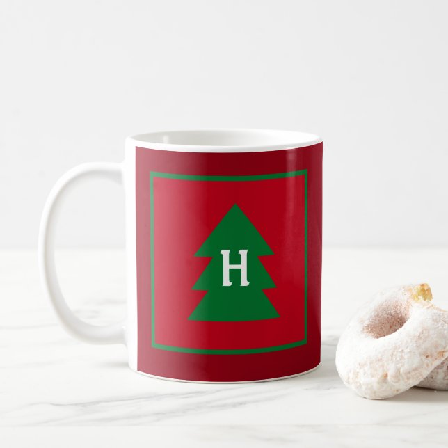Dark Red Christmas Tree Custom Initial Elegant Kaffeetasse (Mit Donut)