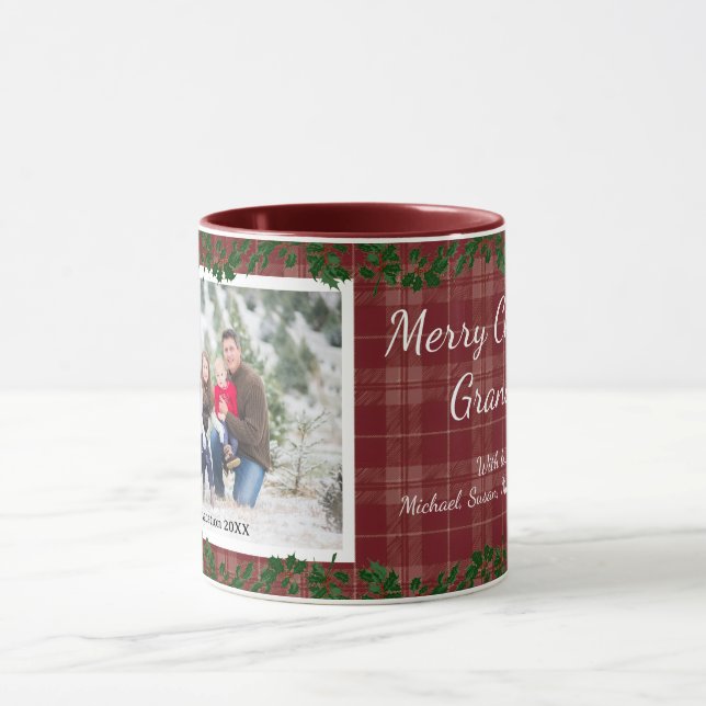 Dark Red Country Christmas Plaid Holiday Photo Mug Tasse (Zentrum)
