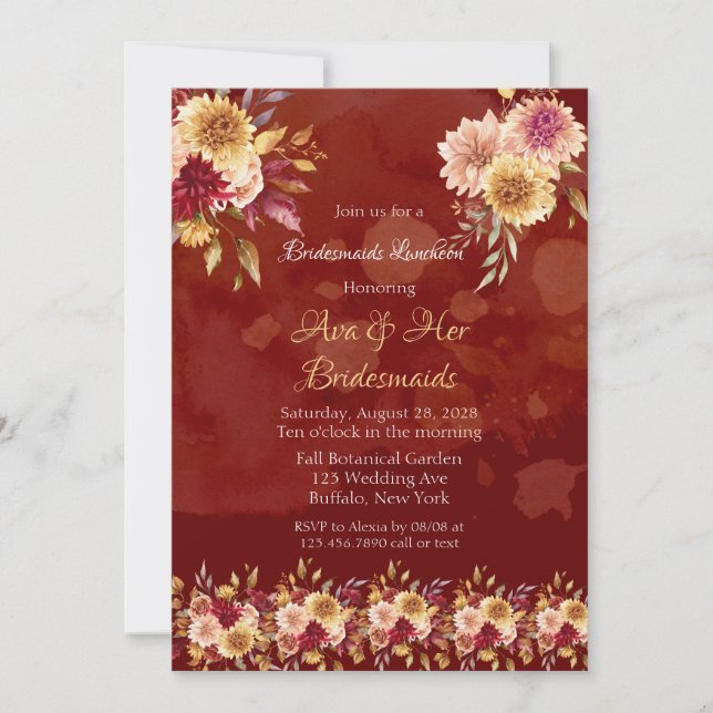 Dark Red Dahlia Blume Bridesmaids Luncheon Einladung (Vorderseite)