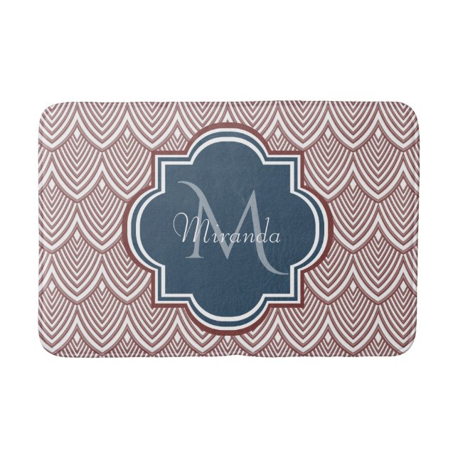 Dark Red Deko Scallops Navy Blue Monogram Name Badematte (Vorderseite)
